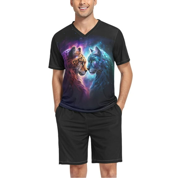 joogoo Men's Pajama Set Cool Leopard Cheetah V-Neck Pj Shorts Set 2 Piece Loungewear Sleepwear L