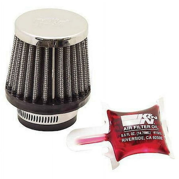 K&N RC-0790 Universal Clamp-On Air Filter: Round Tapered; 1.375 in (35 mm) Flange ID; 2.25 in (57 mm) Height; 2.5 in (64 mm) Base; 2 in (51 mm) Top