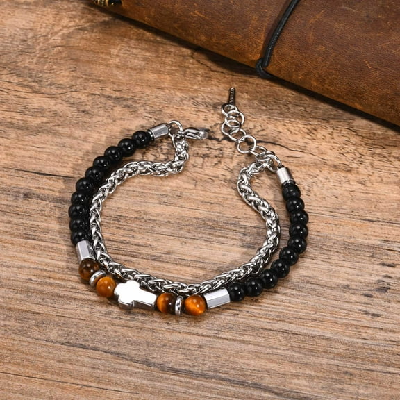 Double Layered Bracelet for Men Boys,Cross Beaded Bracelet,14K White Gold Chain Link Wristband,Trendy Jewelry Gifts