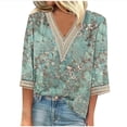 thumbnail image 2 of Tejiojio Womens Petite Plus Summer V-Neck 3/4 Sleeve Lace Print Casual T-shirt Blouse, 2 of 5