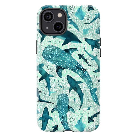 Teal Whale Shark Pattern Phone Case, Watercolor Marine Life iPhone Cover, Artistic Protective Case for iPhone 17 16 15 14 13 12 11 Plus Pro Max Mini