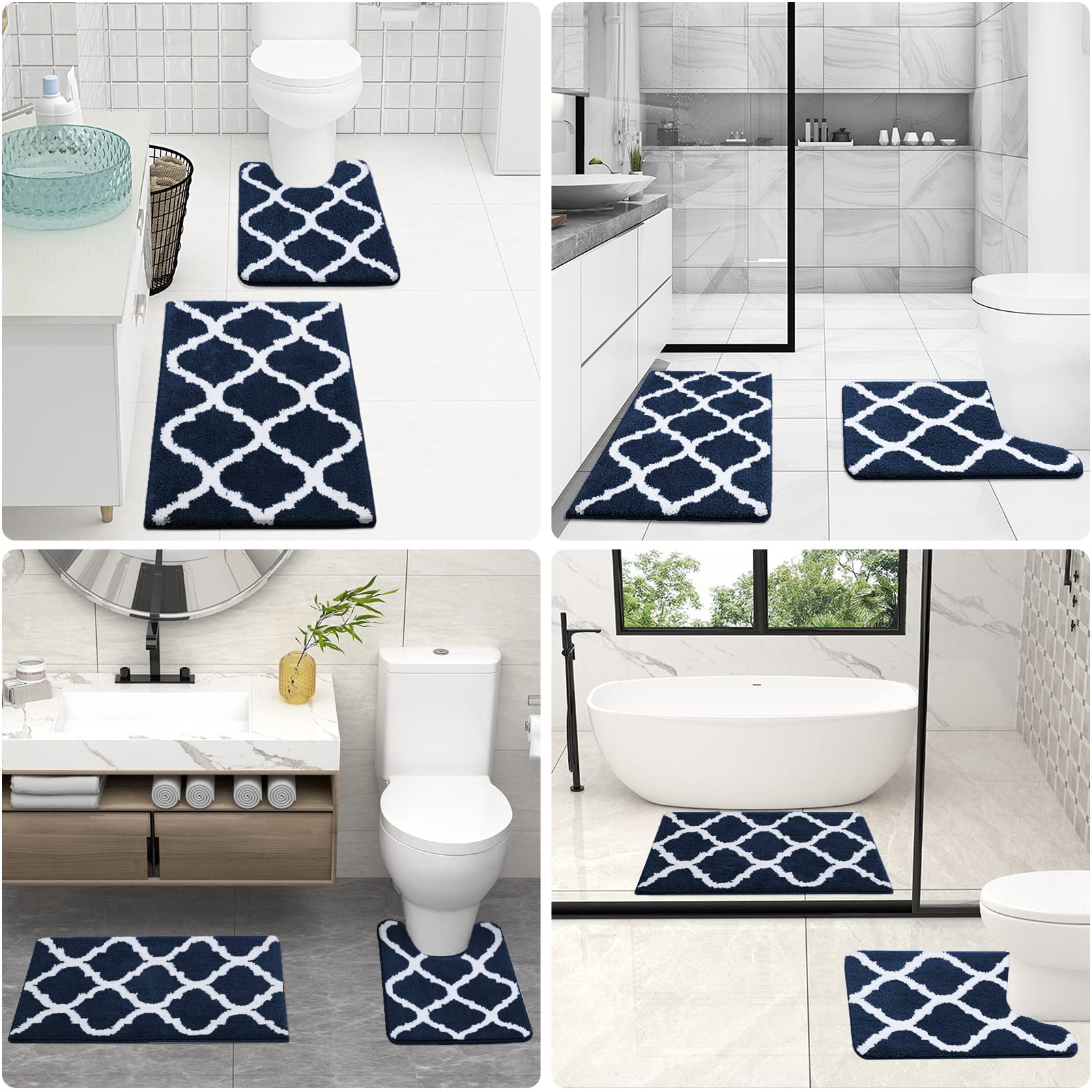 Buganda Microfiber Bathroom Rugs Set 2 Piece,U-Shaped Toilet Rug, Machine Wash Dry, Non-Slip Absorbent Shaggy Bath Mats for Tub, Shower and Bathroom (24"x16"+24"x20", Navy Blue)
