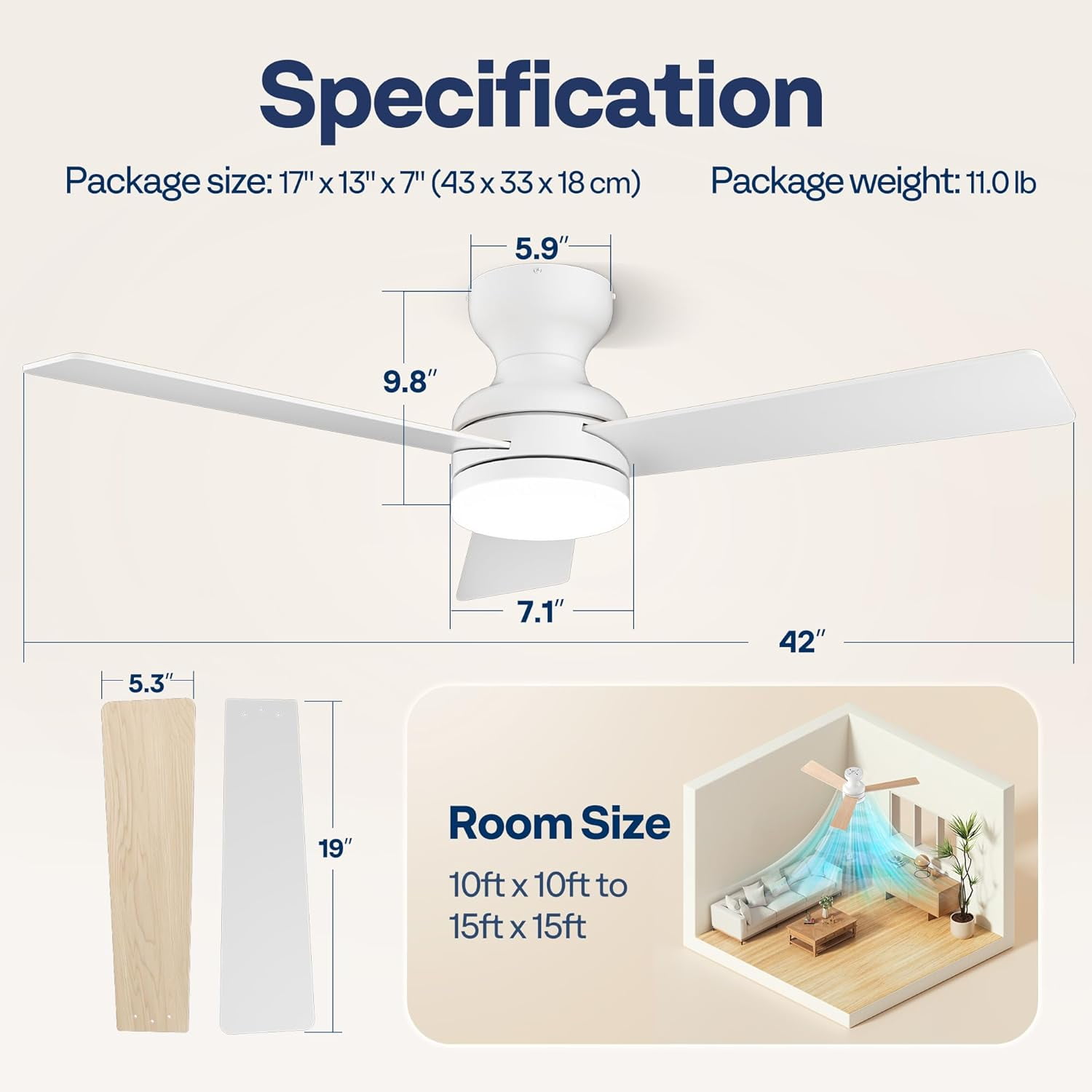 SPECSTAR Ceiling Fans with Lights, 42 inch Low Profile Ceiling Fan with Light and Remote, Flush Mount White Ceiling Fan for Bedroom, 6+1 Speeds, 3CCT, Dimmable, Timer, Quiet Reversible DC Motor