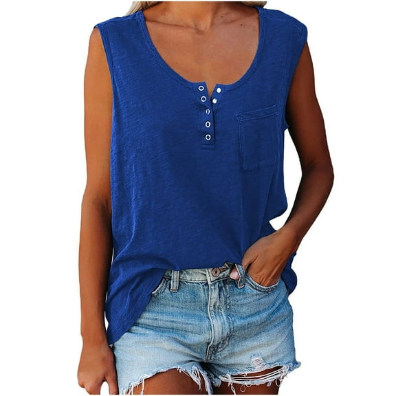 Scyoekwg Womens Summer Tops Sling Sleeveless Suspenders Casual Dressy Blouse V-Neck Button Tank Tops Loose Solid Color Tees Shirts (Blue,XL)