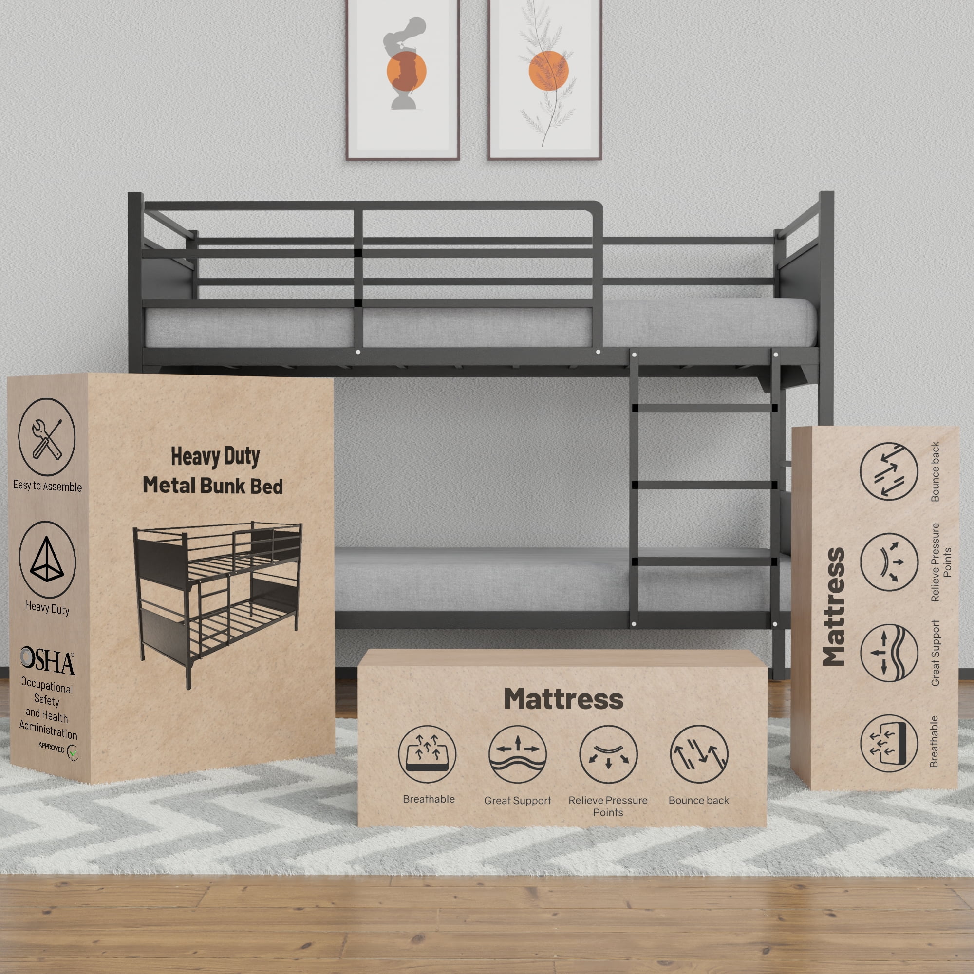 Continental Sleep, 5" Medium Firm Foam Mattress with Metal Bunk Bed, Good for Adult & Teen, 30".