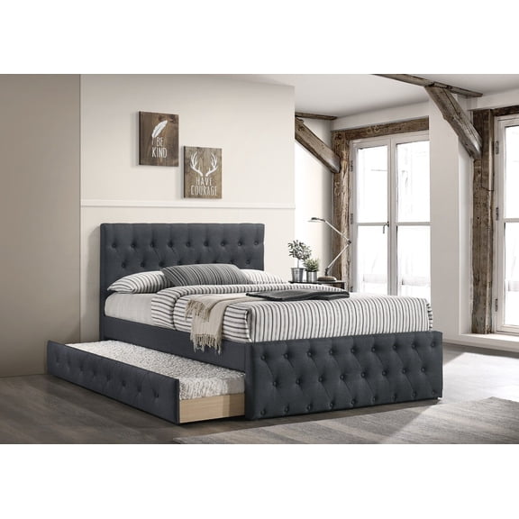 Contemporary Modern Charcoal Burlap Button Tufted Full Size Bed w Trundle Bedroom Upholstered 1pc Bed Wooden Slats