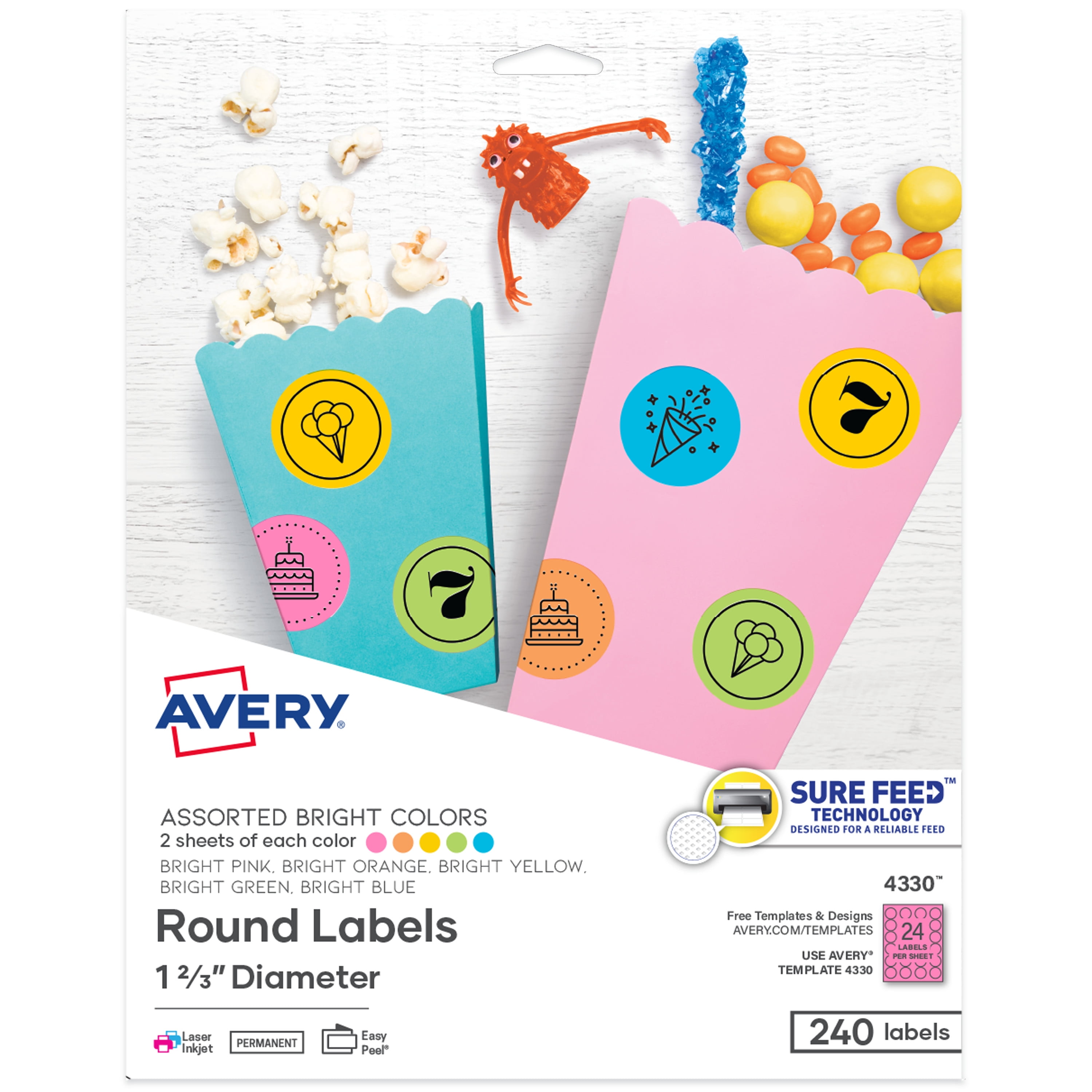 Avery Round Labels with Sure Feed, Assorted Bright Colors, 22323-223/23" Diameter,  Laser/Inkjet, 22340 Labels (423230) For 2 Inch Round Label Template