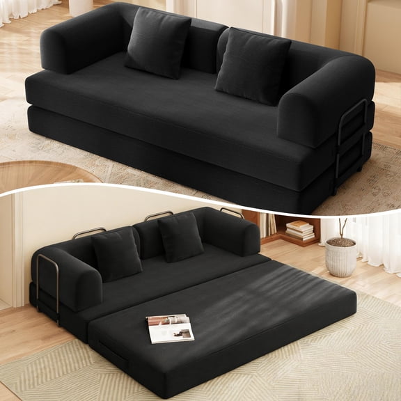 Noelse 78.7" Sofa Bed, Folding Convertible Sleeper Futon Couch, Floor Mattress Sofa for Small Spaces, No Assembly, Black (2 Pillows Included)