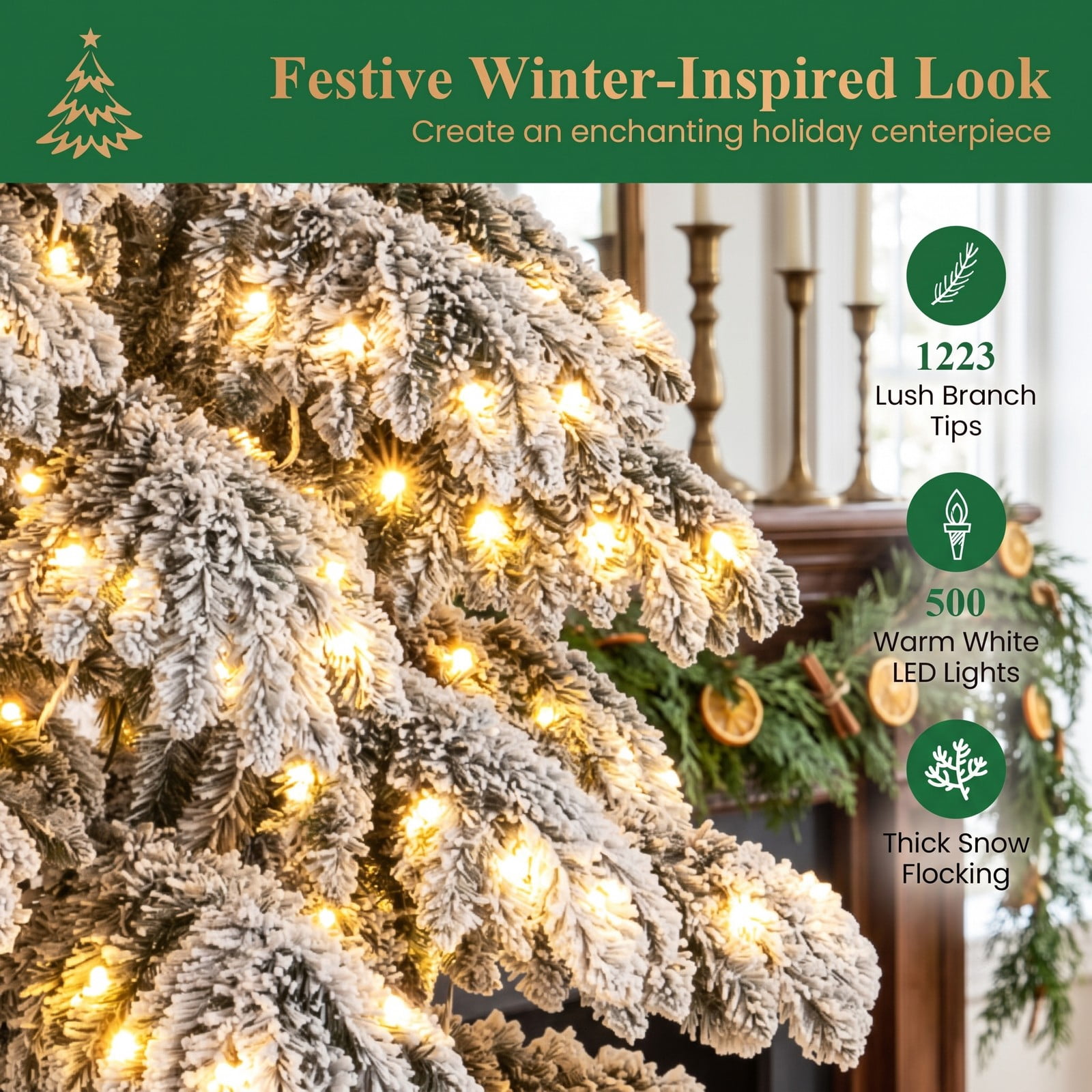 RUIE 9 FT Pre-Lit Artificial Christmas Tree, Snow Flocked Hinged Xmas Tree with 500 Warm White LED Lights, Quick Power Connectors and Foot Pedal Switch, Metal, White