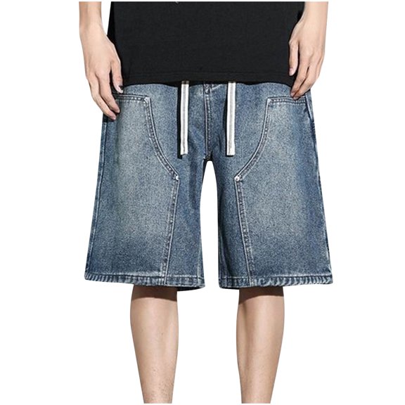 ZVNAΖH Young Men's Loose Denim Shorts Baggy Casual Wide Leg Drawstring Elastic Waist Hip Hop Shorts with Pockets Streetwear