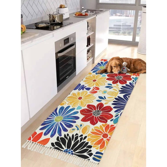 Ethnic Spring Floral Entryway Runner Rug 2x4ft,Summer Colorful Botanical Washable Woven Living Room Hallway Bedroom Kitchen Carpet with Tassels,Indoor Outdoor Throw Door Mat for Entryway