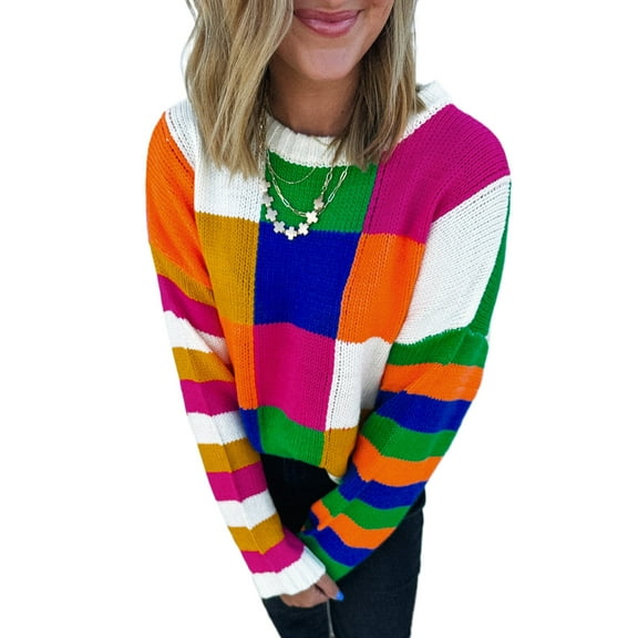 Women's Orange Checkered Color Block Round Neck Loose Sweater | [ZhiHiMeRi] | (US 12-14)L