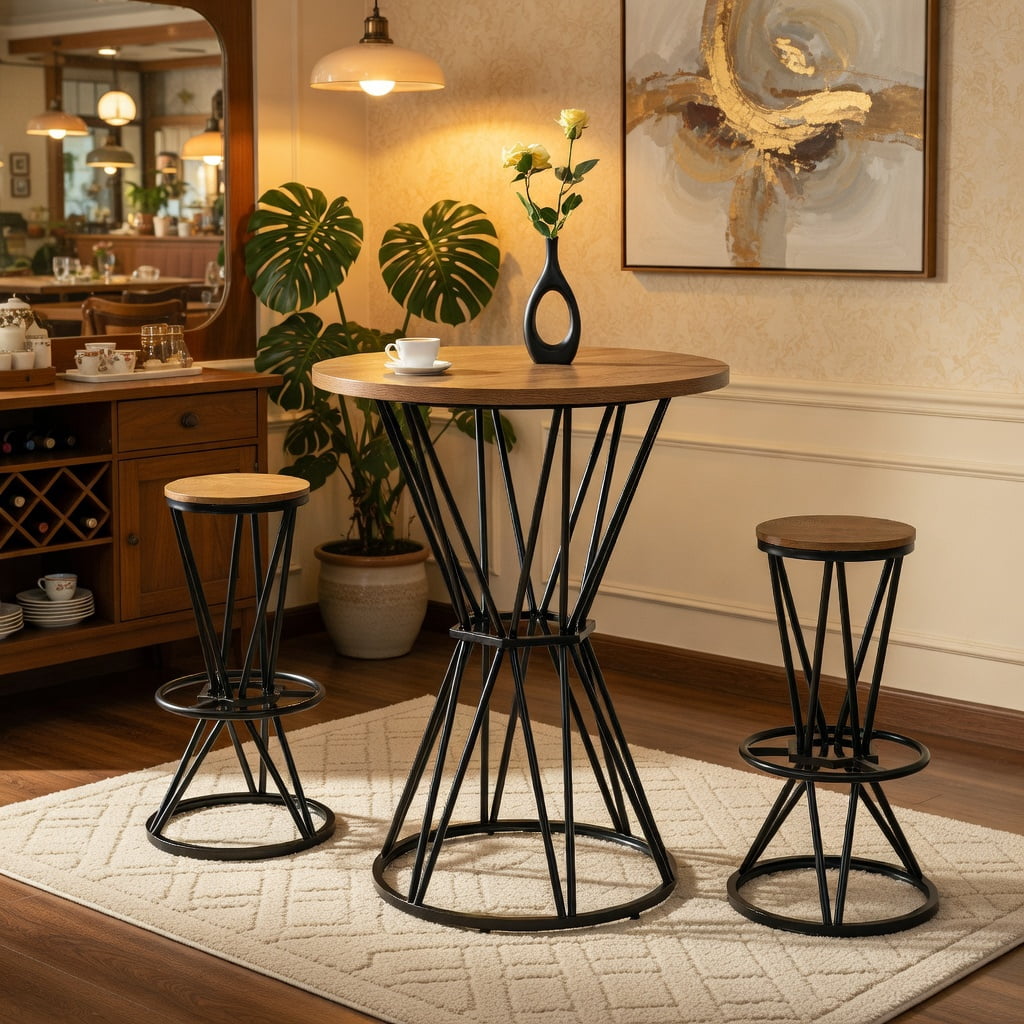 Hommoo Industrial Style 31.5-inch Wood Grain Bar Set, Metal Frame Round Table & 2 Matching Bar Stools for Kitchen Island, Small Apartment, or Home Bar, Natural & Black
