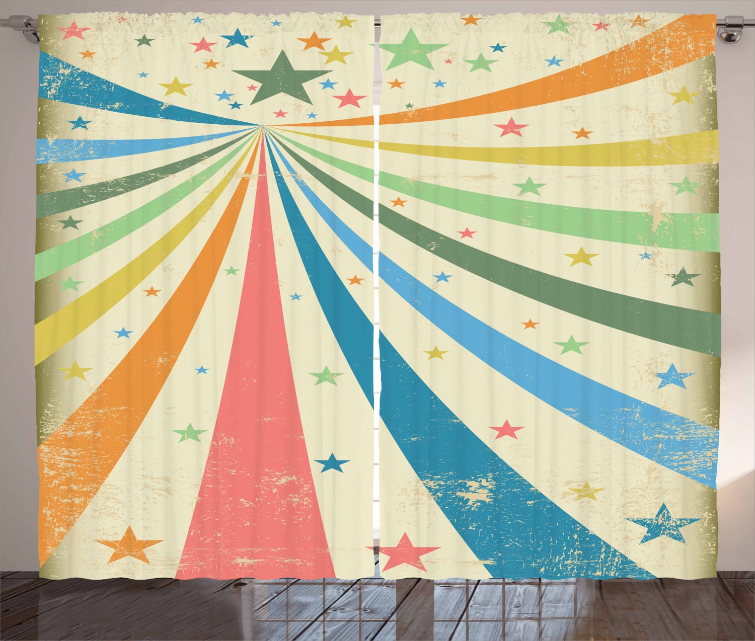 Circus Curtains 2 Panels Set, Colorful Carnival Background with Rainbow