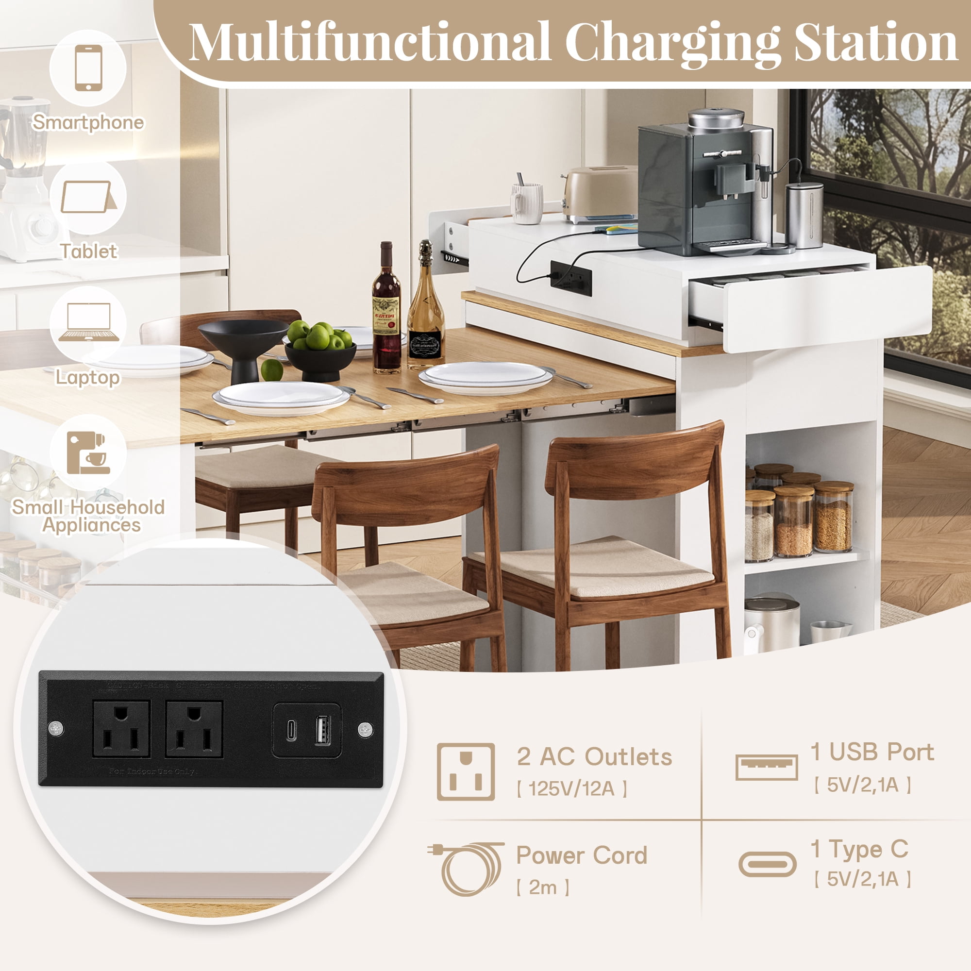 MODERNLUXE Extendable Dining Table with Folding Tabletop, Kitchen Island with Wheels,Hooks,Drawers and Power Outlet, Bar Table with Storage for Kitchen, Dining Room,White