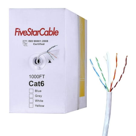 Category 5 Wire Five Star Cable Cat6 1000 Ft. 23AWG UTP Bulk Internet PVC Wire Category 6 Ethernet Cable - White ()