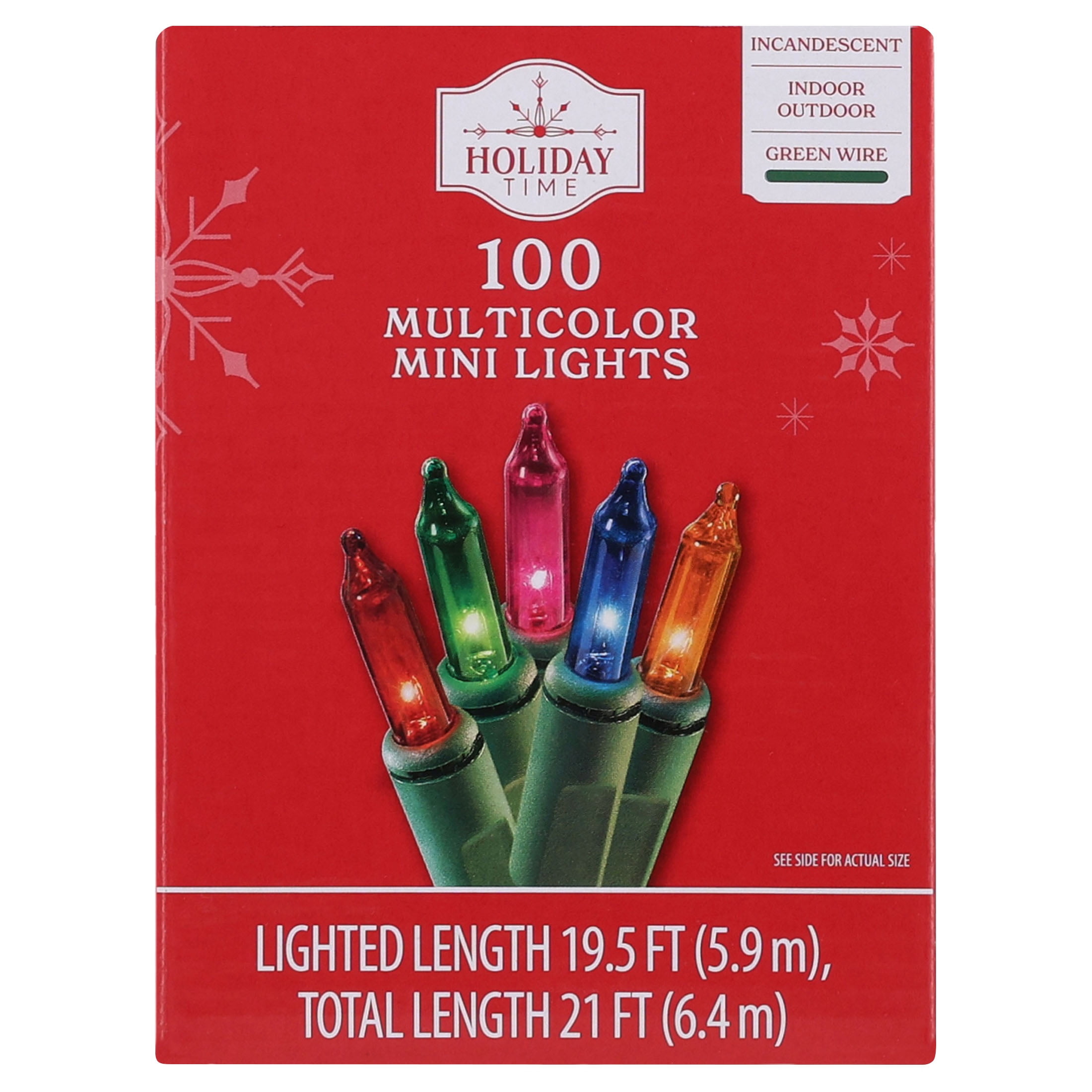 Indoor/Outdoor 100-Count Incandescent Mini Christmas String Lights, Multicolor, Green Wire, 19.5', by Holiday Time