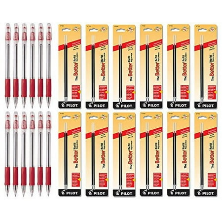 Pilot EasyTouch Ballpoint Stick Pens, Medium Pt Red Ink 12 Pens & 24 Refills