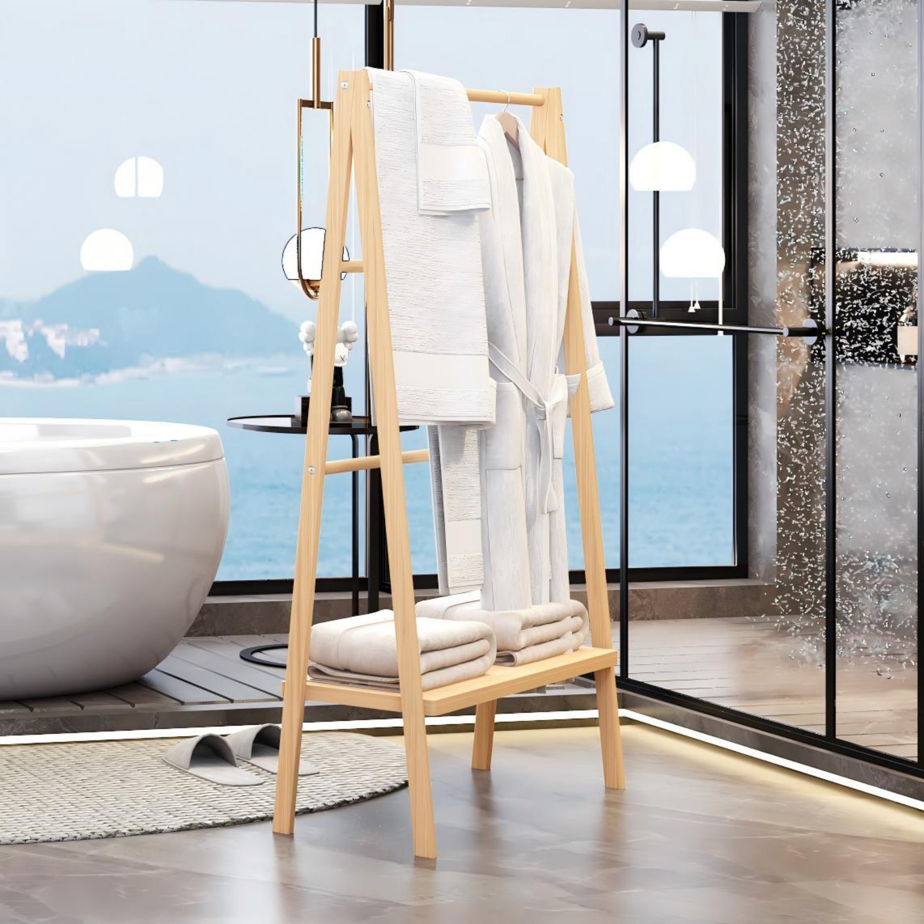 Freestanding Bamboo Wood Towel Ladder Rack with Storage Shelf,4 Tiers,Neutral