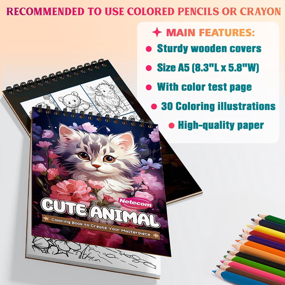 Netecom Cute Animals Coloring Book Spiral Bound for All Ages, A5 Wooden Cover, 30 Adorable Wildlife Coloring Pages in the Forest for Stress Relief and Relaxation