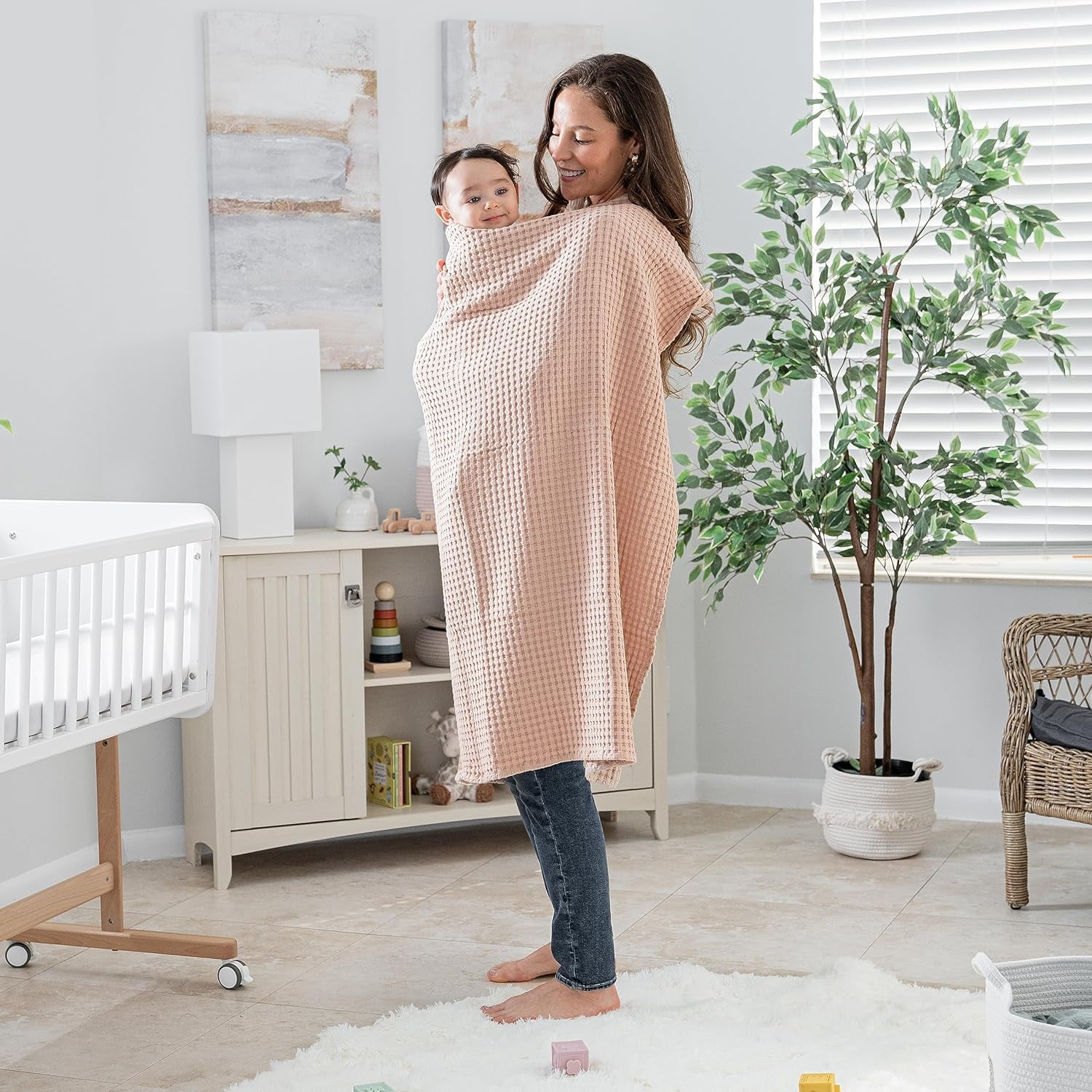 Comfy Cubs Waffle Weave Blanket - 40” x 40” - 100% Cotton Soft, Lightweight Baby Blanket, Blush