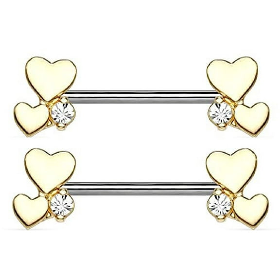 Nipple Rings Cluster Hearts 316L Sugical Steel Barbell 14 gauge 9/16" (Goldtone)