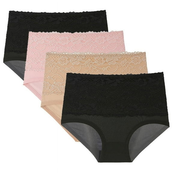 jobturf 4 Pack Womens Underwear Tummy Control High Waisted Lace Panties High Cut Floral Embroidery Soft Ladies Breathable Briefs