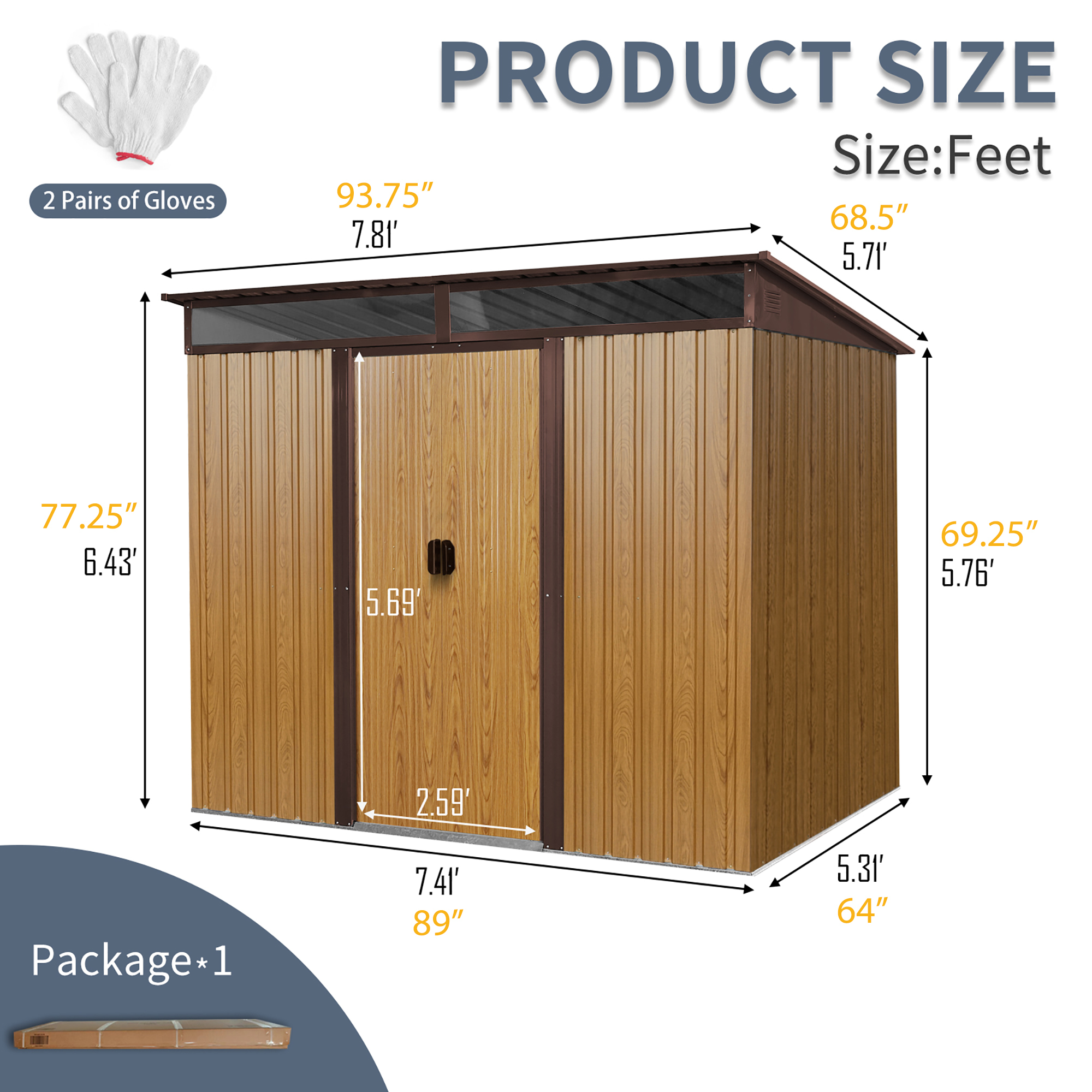 Kosynda 8' x 6' Outdoor Metal Storage Shed with Lockable Sliding Doors, Waterproof Metal Tool Storage House with Transparent Plate for Garden, Lawn, Backyard (Brown)