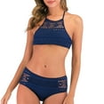 thumbnail image 5 of WREESH Womens Two Piece Swimsuit Halter Lace Lingerie Set High Waisted Bikini Bicolor Fashion Casual Waist Slim Hollow Out Solid Color Bikinis Sets Beach Bathing Suit Blue, 5 of 7
