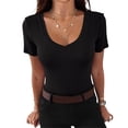 thumbnail image 2 of Women Short Sleeve V Neck Ribbed Knit Fitted Shirts, Basic Tees Tops 2026 Summer Casual T-Shirts Going Out Outfits, Summer Casual T-Shirts Going Out Outfits Black L, 2 of 7