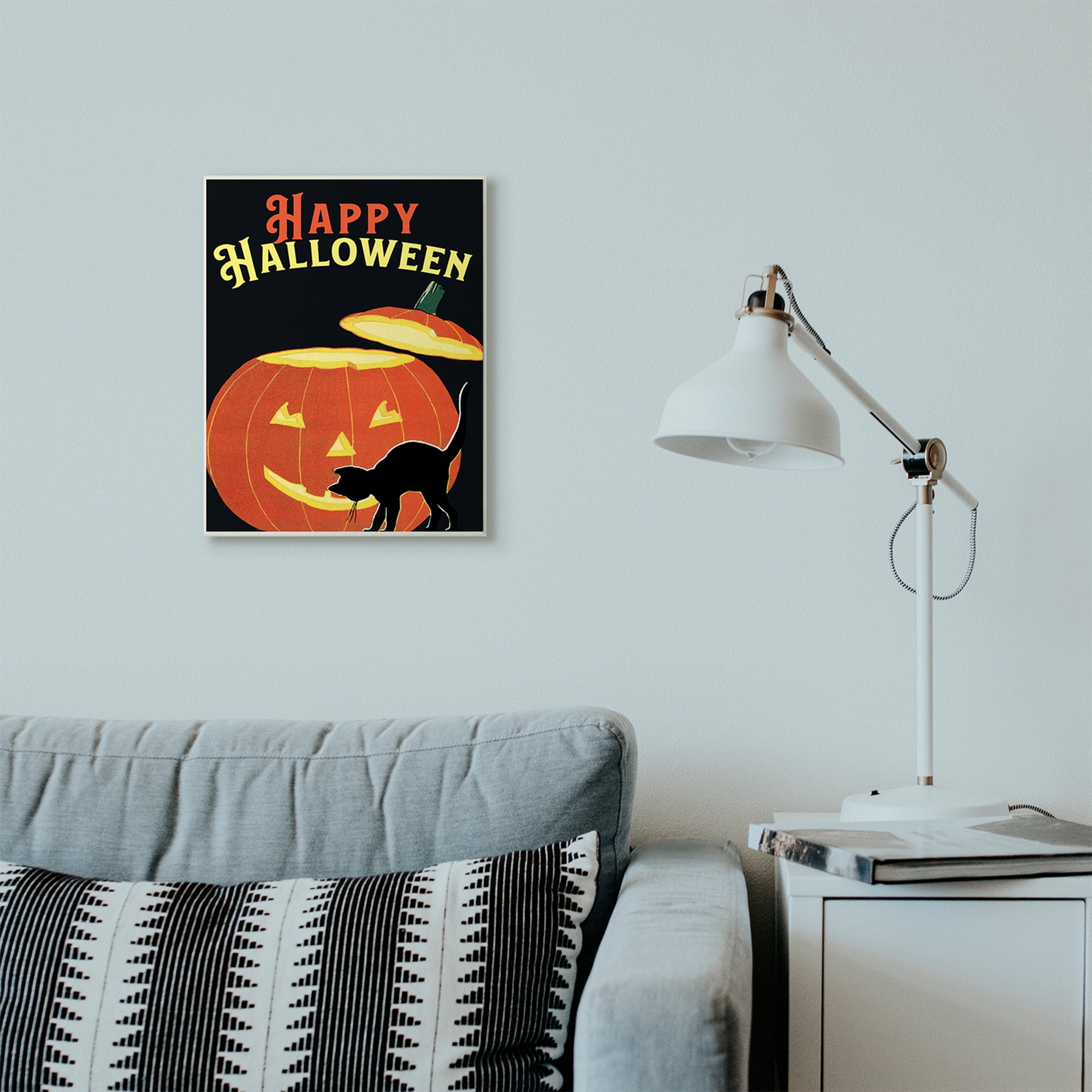 Stupell Industries Happy Halloween Pumpkin Cat Black Orange Word Design Wall Plaque by The Saturday Evening Post, 13" x 19", Wall Plaque