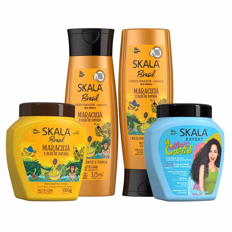 Skala Viral Hair Care 4-Piece Curl Kit – Maracujá Shampoo & Conditioner (250ml)   Blue Mais Cachos & Maracujá Hair Creams (35.2 oz), Hydrating & Frizz Control