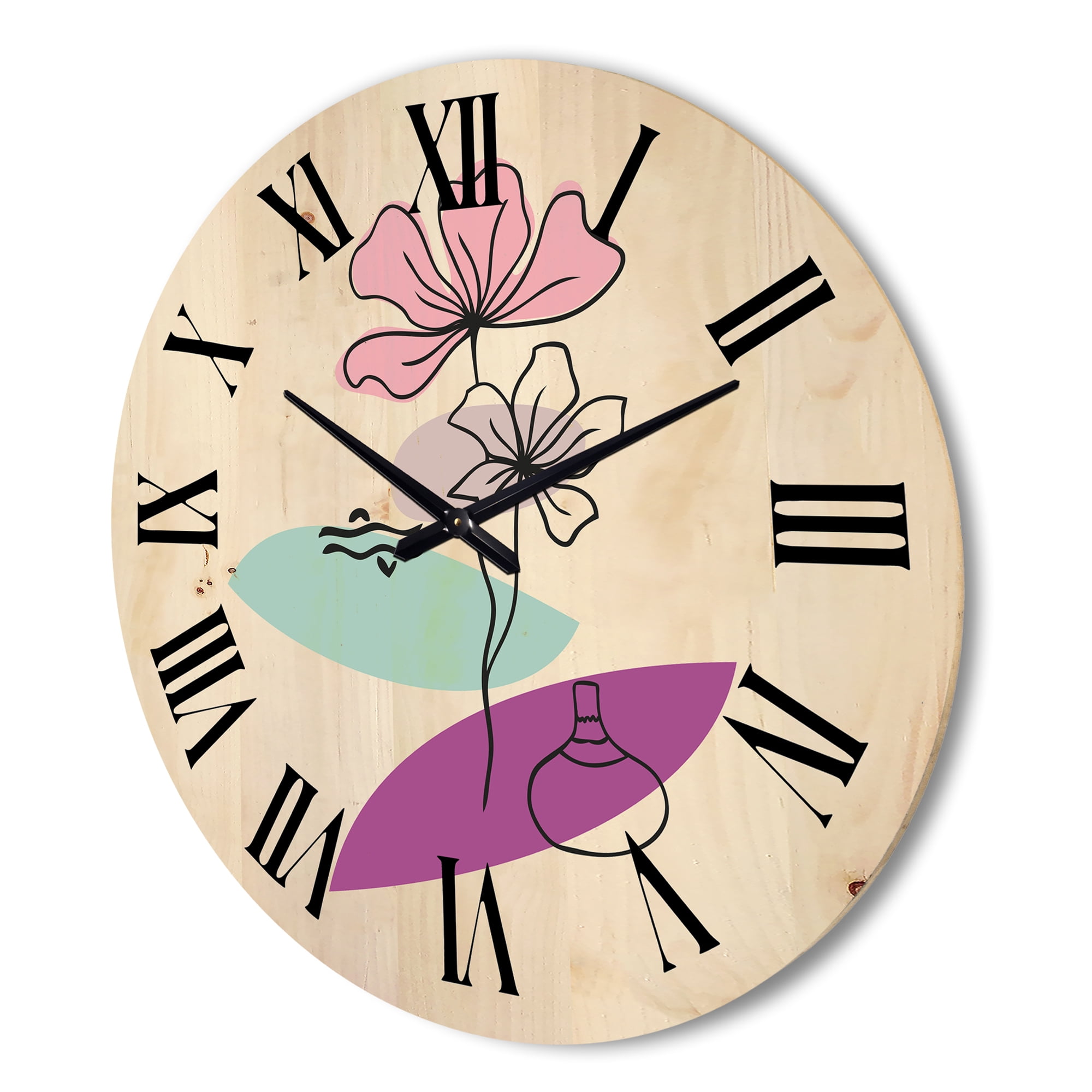Designart 'Abstract Flowers Plants With Elementary Shapes IV' Modern Wood Wall Clock