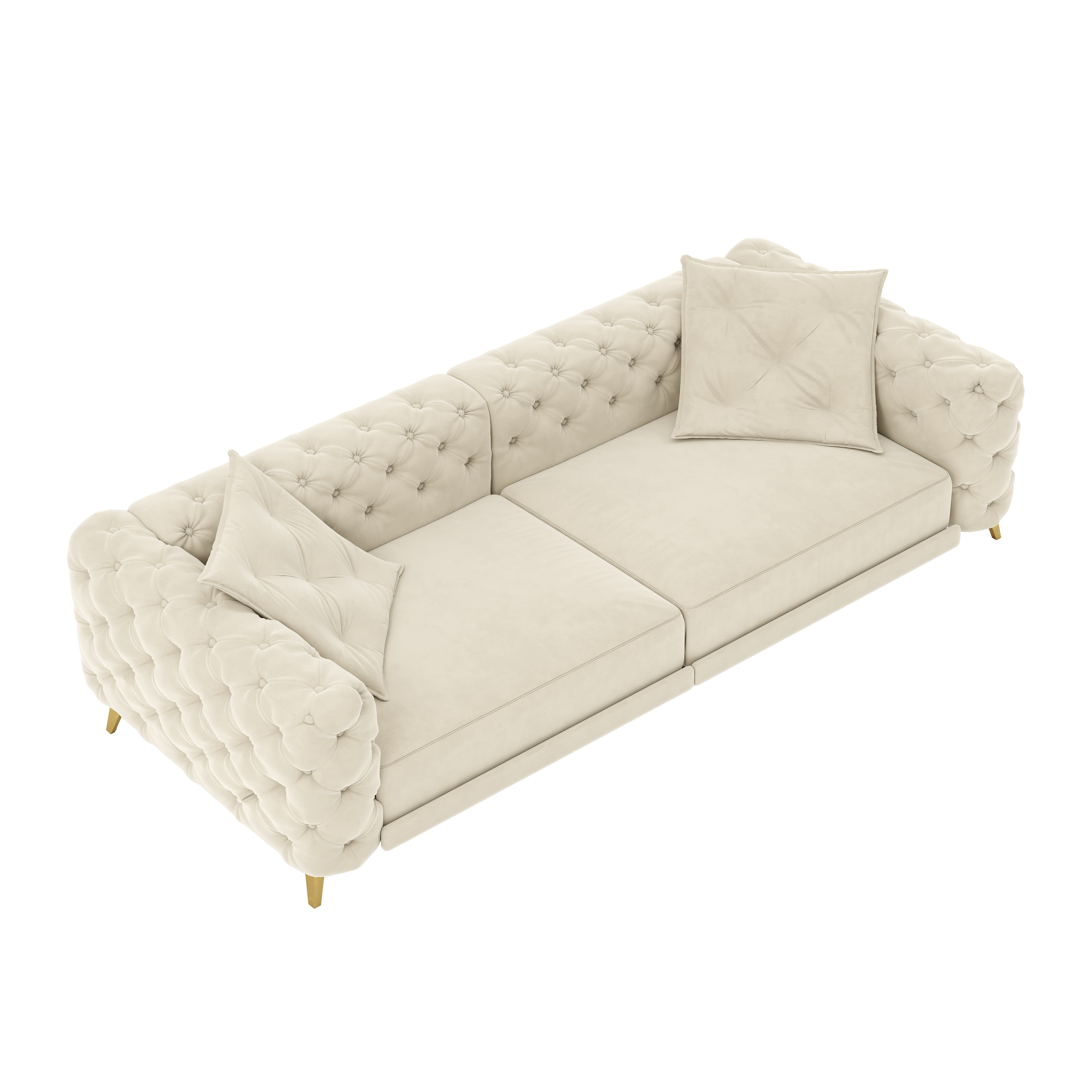 3-in-1 Velvet Sleeper Sofa Bed, 97.7" Modern Button Tufted Convertible Pull Out Couch with Gold Metal Legs & Deep Seat for Living Room, Beige