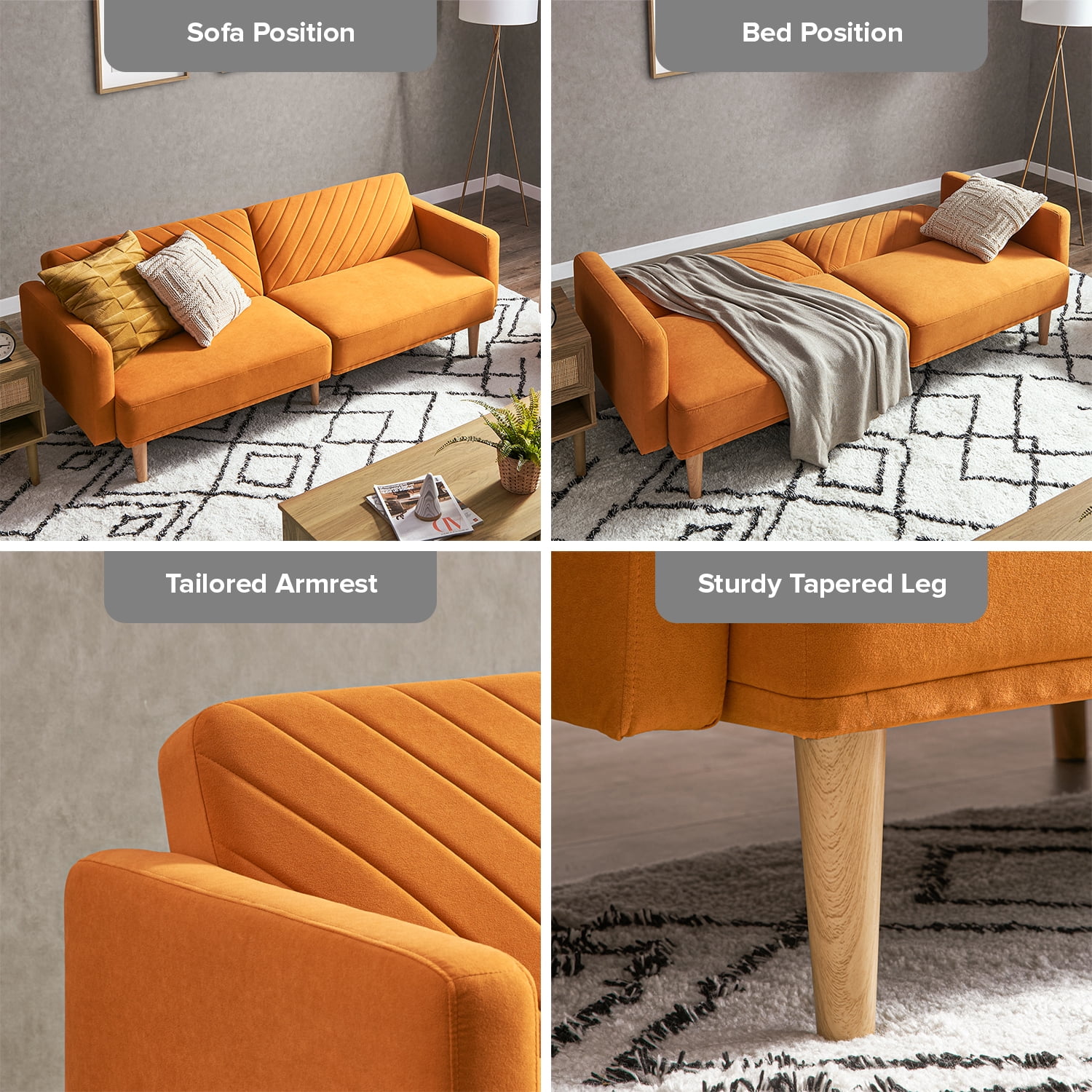 Mopio Chloe Futon Sofa Bed Convertible Sleeper Sofa with Tapered Legs Apricot Velvet