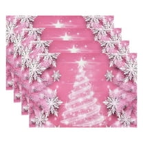 Beautynvta Christmas Placemat Set of 4, Pink Snowflake Printed Table Mat, Winter Linen Christmas Table Mats for Party Kitchen Dining Decoration, 12x18 Inch