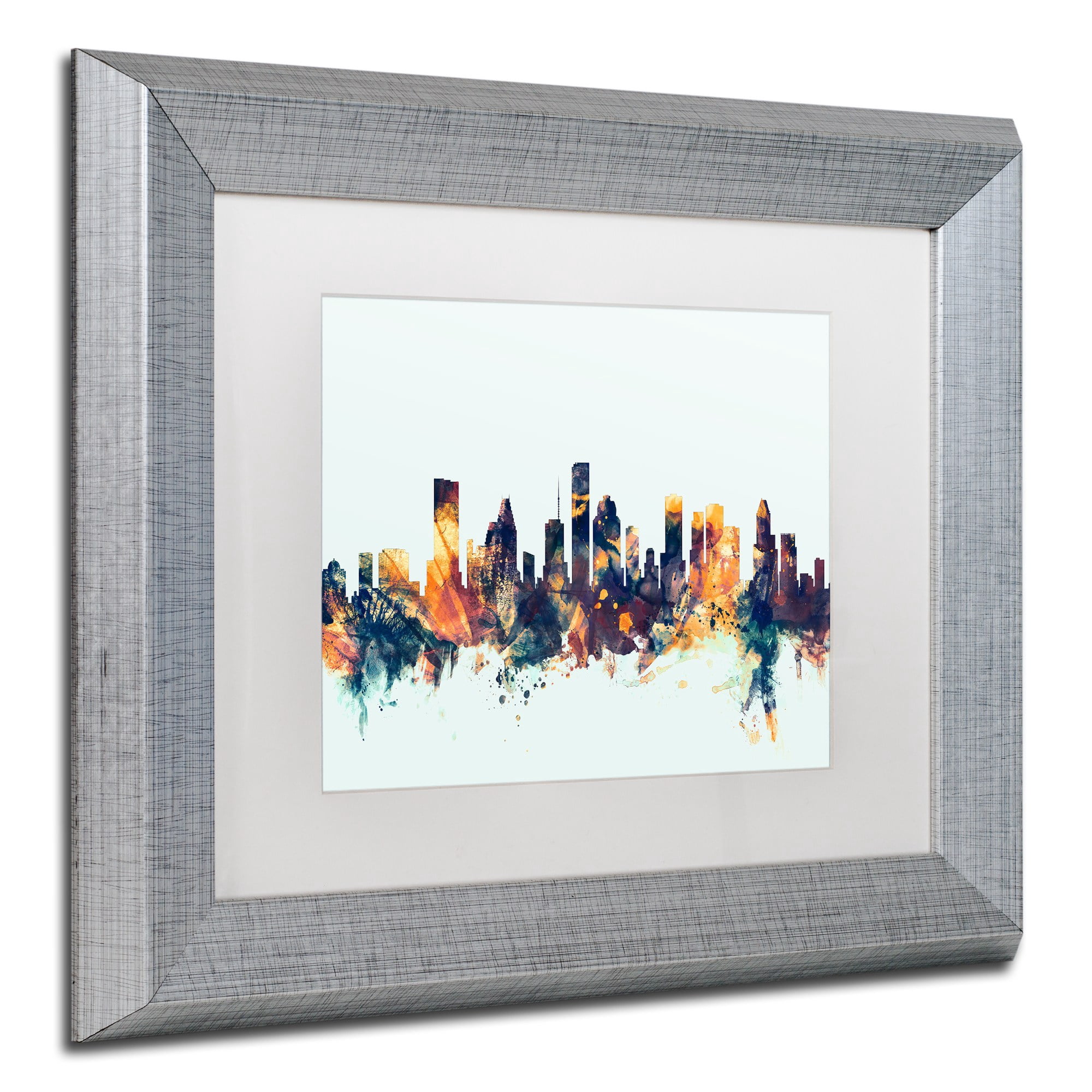 Trademark Fine Art "Houston Texas Skyline Blue" Canvas Art by Michael Tompsett, White Matte, Silver Frame