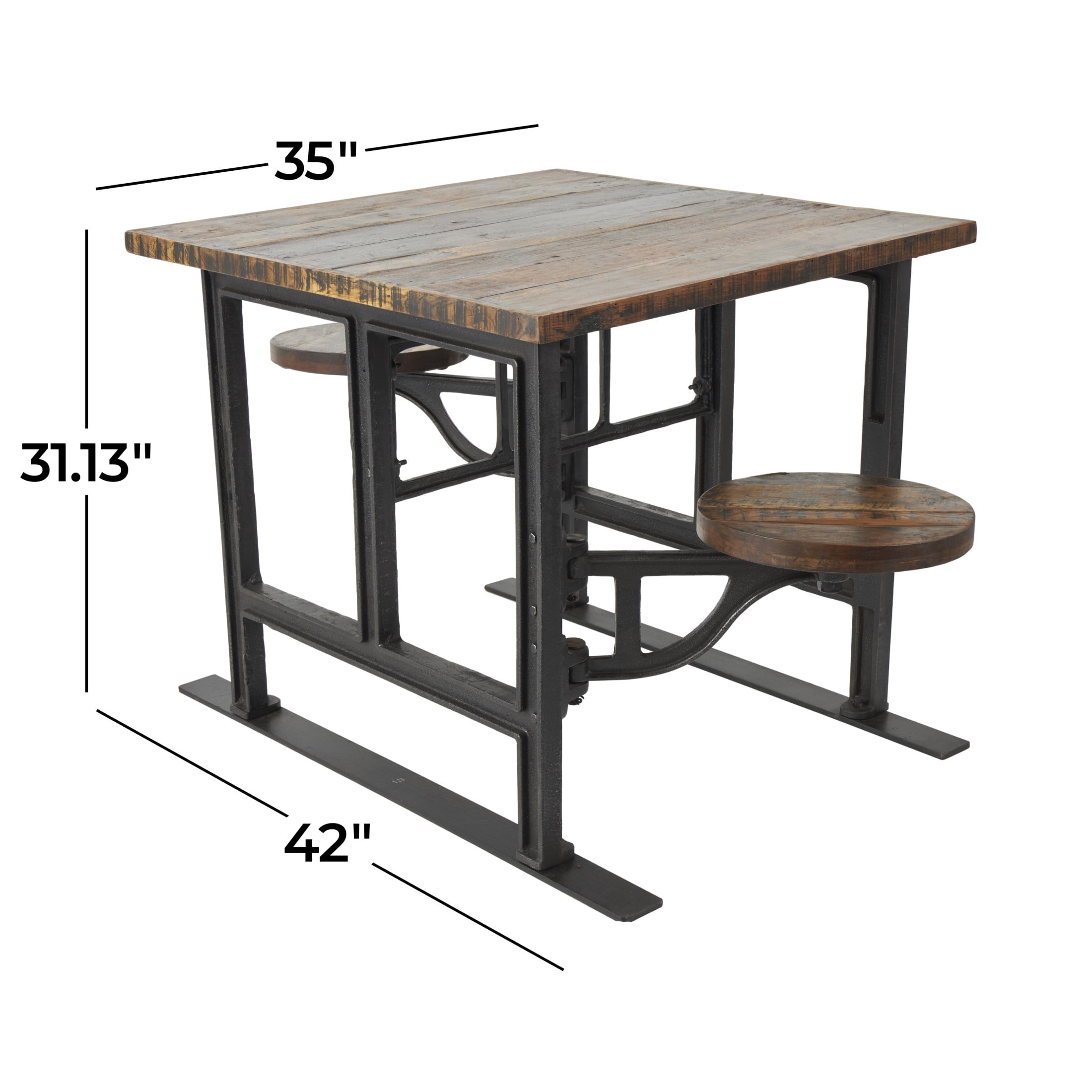 DecMode 35" x 31" Brown Teak Wood Dining Table with Two Attached Seats, 1-Piece