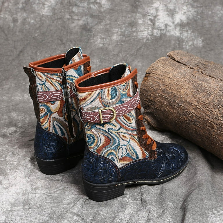 CBGELRT Western Boots for Women Fashion Embroidered Lace Up Flat Heel Chelsea Boots Mid Calf Suqare Heeled Lug Sole Cowboy Boots Shoes 42 Blue