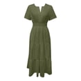 thumbnail image 5 of Robes pour Femmes 2025 Été Manches Courtes Robe Maxi Décontractée Col en V Œillet Volantée Évasée Longue, 5 of 5