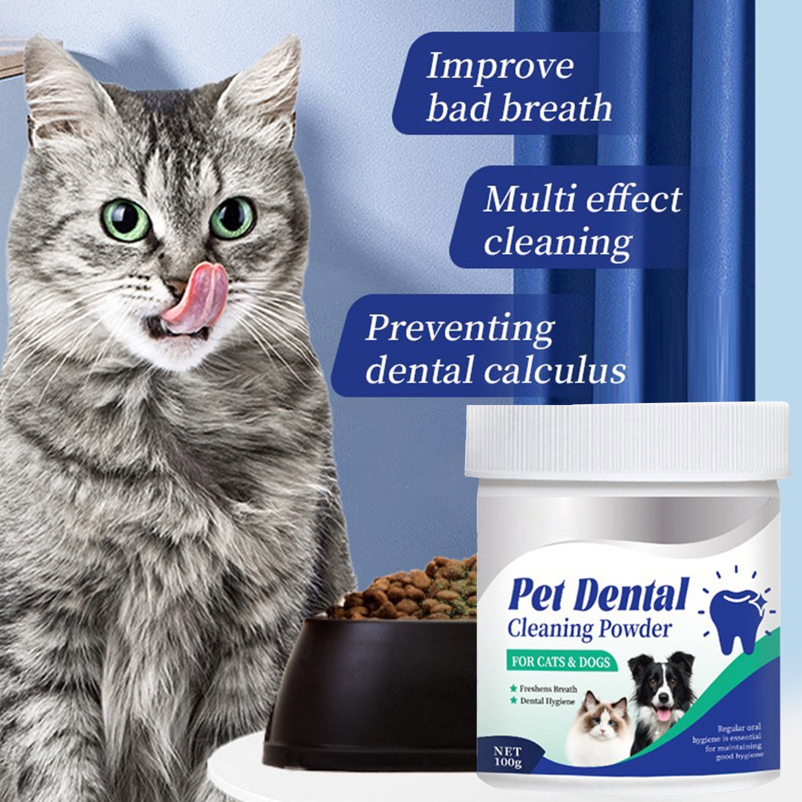 Jellico Pet Dental Cleaning Powder Oral Care Bad Breath Remover With Spoon, 100G, A Beef Flavor Dental Powder For Dogs & Cats, Includes Measuring Spoon, Pet Oral Hygiene Powder