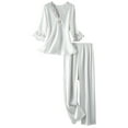 thumbnail image 2 of Jinhomg Womens Lace Pajamas Set Trendy 3/4 Sleeve Bowtie V-Neck Pullover Tops and Elastic Waist Pants 2 Piece Lightweight Cozy Loungewear Sleepwear White L, 2 of 6
