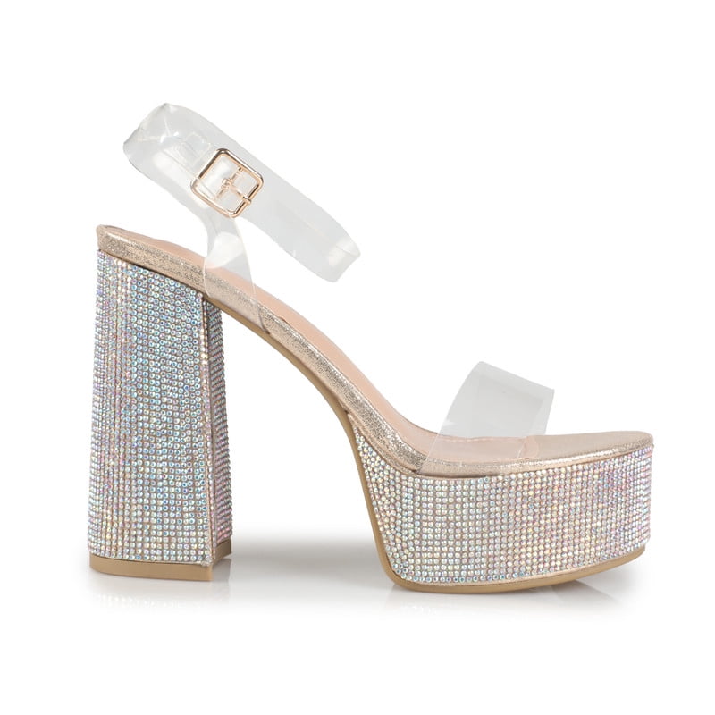 Women's Rhinestones Clear Strap Platform Block Heeled Sandals