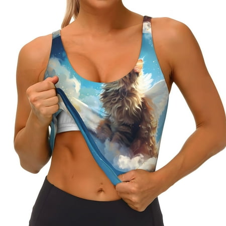 Qokaie Blue Sky Winged Cat Pattern Womens Scoop Neck Sports Bra Breathable Workout Vest Padded U Back Medium Impact Fitness Gym Yoga Bra Workout Crop Top