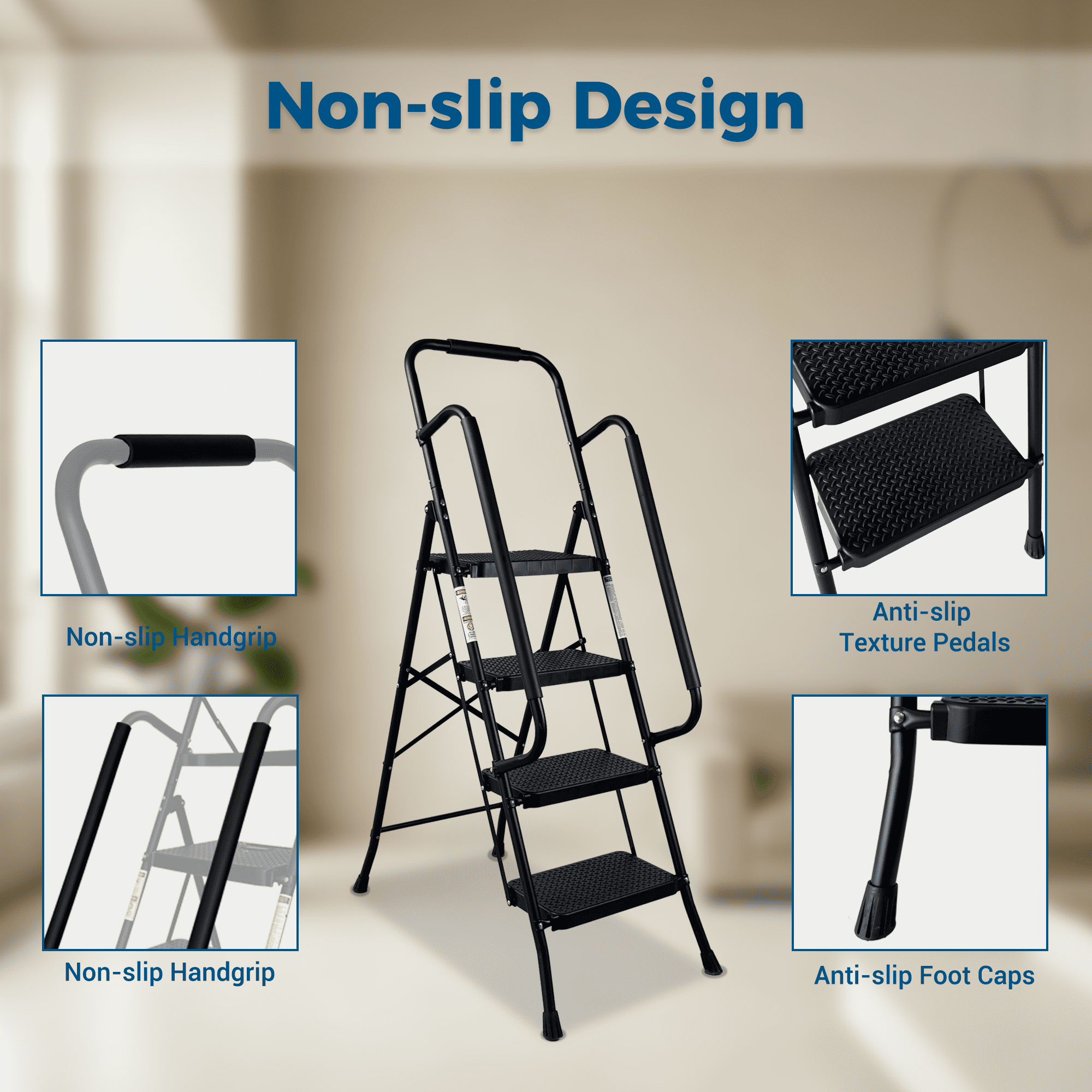 Leumius 4 Step Ladder with Handrails, Folding Step Stool with Wide Anti-Slip Pedal,Lightweight Portable Ladder for Home Kitchen Pantry Office, Black