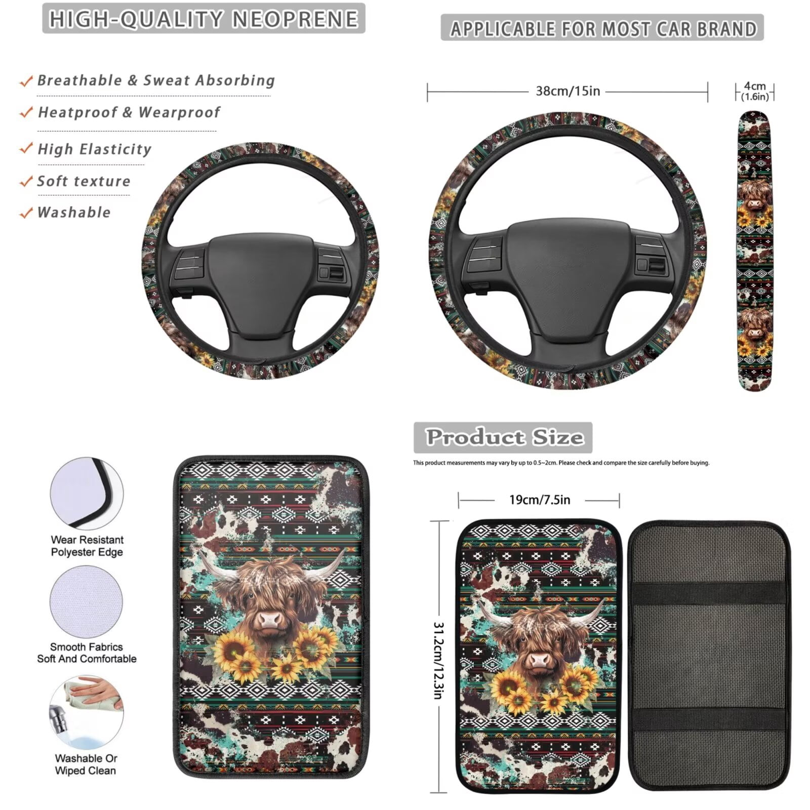 Garronmavis Aztec Highland Cow 13 PCS Car Seat Cover Set Including Steering Wheel Cover, Seat Belt Pad, Coaster, Keychain, Lipstick Cover Universal Auto Accessories