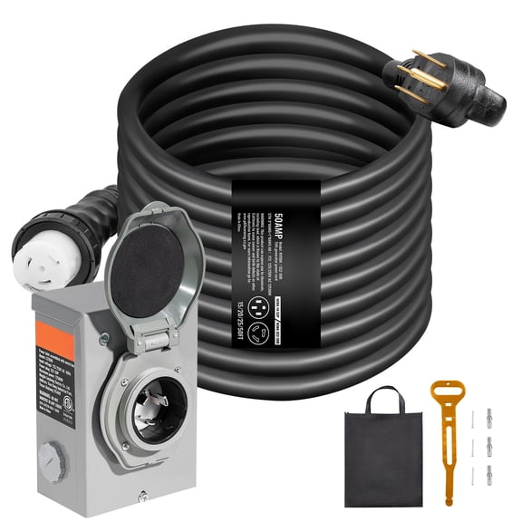 SKYSHALO Generator Cord with Inlet Box, 50FT 50 Amp, RV Extension Cord NEMA 14-50P/SS2-50R, STW 6/3 8/1 AWG with Secure Twist Lock, ETL Certified for Home Backup