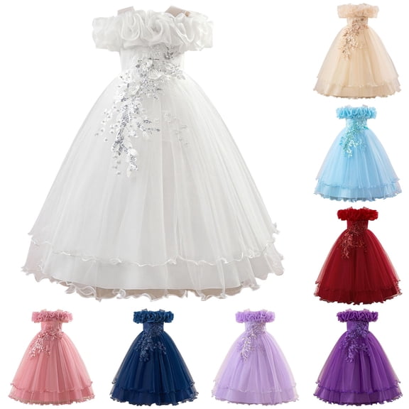 WAYUTE Flower Girl Dress Elegant Off Shoulder Ruffle Lace Sleeveless Wedding Birthday Party Princess Dress for Kids Teen,White