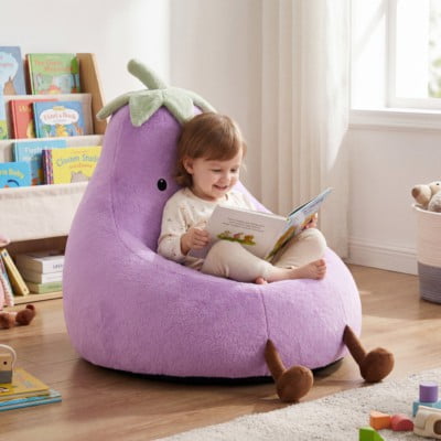 edx Bean Bag Chair for Kids, Soft Faux Rabbit Fur Fabric, Removable Washable Cover, Eggplant Lazy Chair for Bedroom Living Room, 31 Inch, Purple