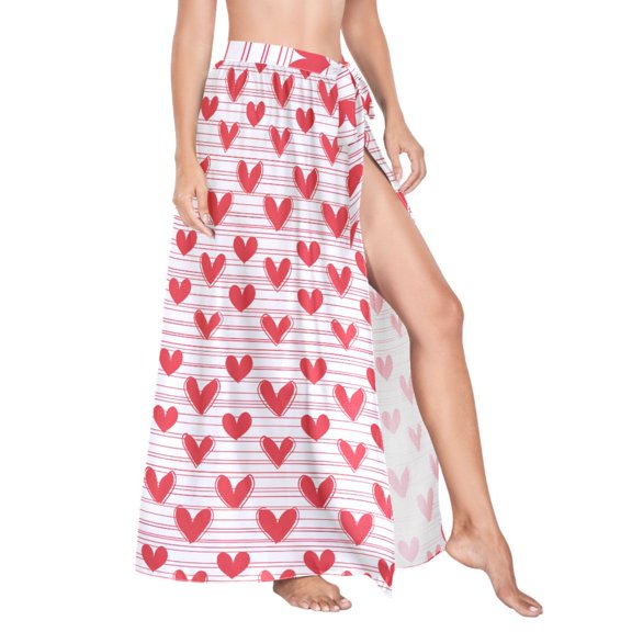 Women Sarong Wraps Love Heart on Stripes Swimsuit Beach Pareo Bikini Coverups Skirt M